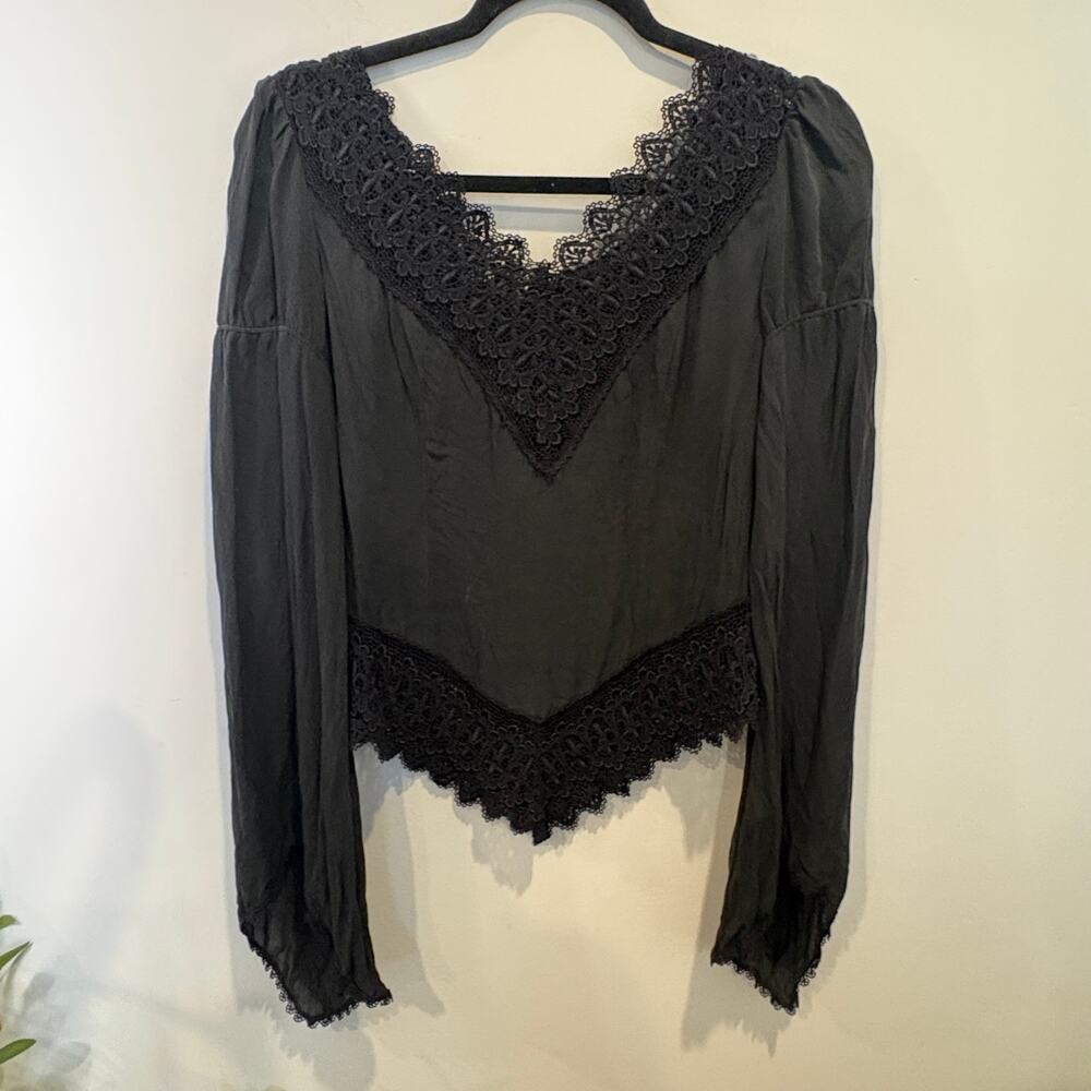 Express Black Silk V-Neck Crochet Detail Peasant Top Size 5/6 Dark Romance